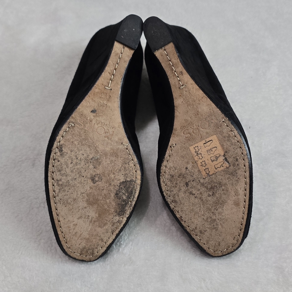 Women's Michael Kors Wedges Peep Toe Black Suede Heels Pumps Size 9.5 Slip On - Picture 7 of 8